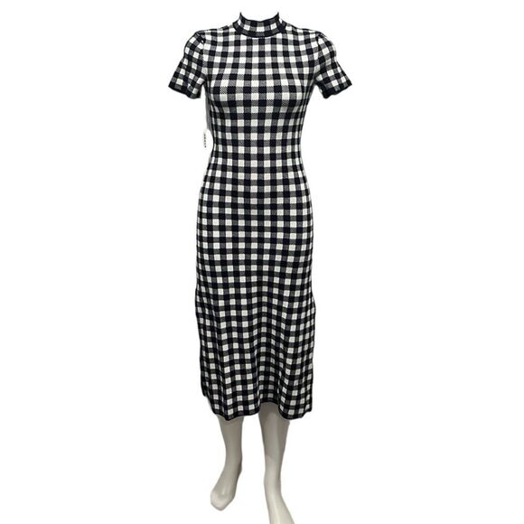 Staud Heli navy & white gingham short sleeve fitted midi dress size Small NWT - Picture 1 of 10